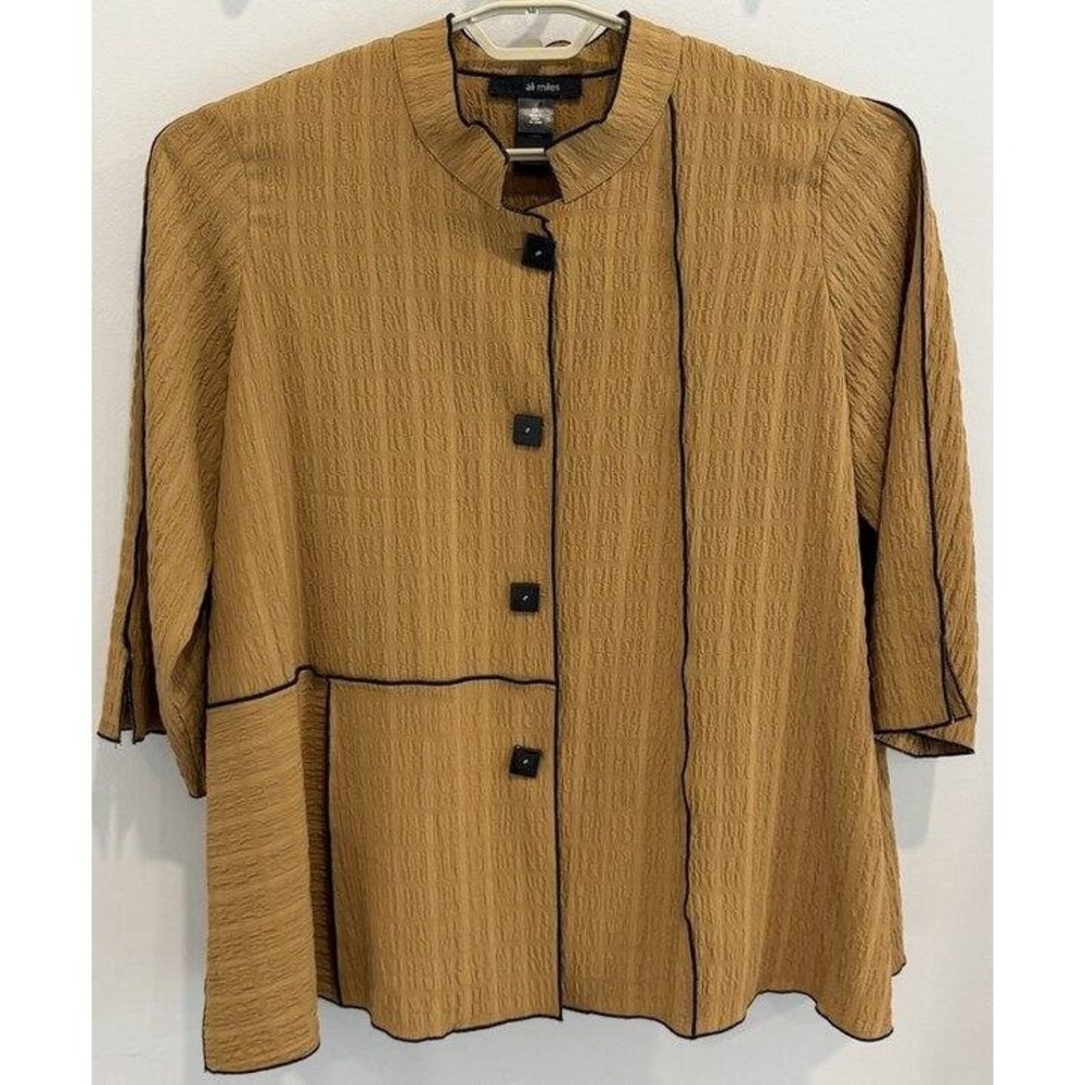 Ali Miles Brown Lightweight Textured Jacket Black Trim 3/4 Sleeve Square Button
